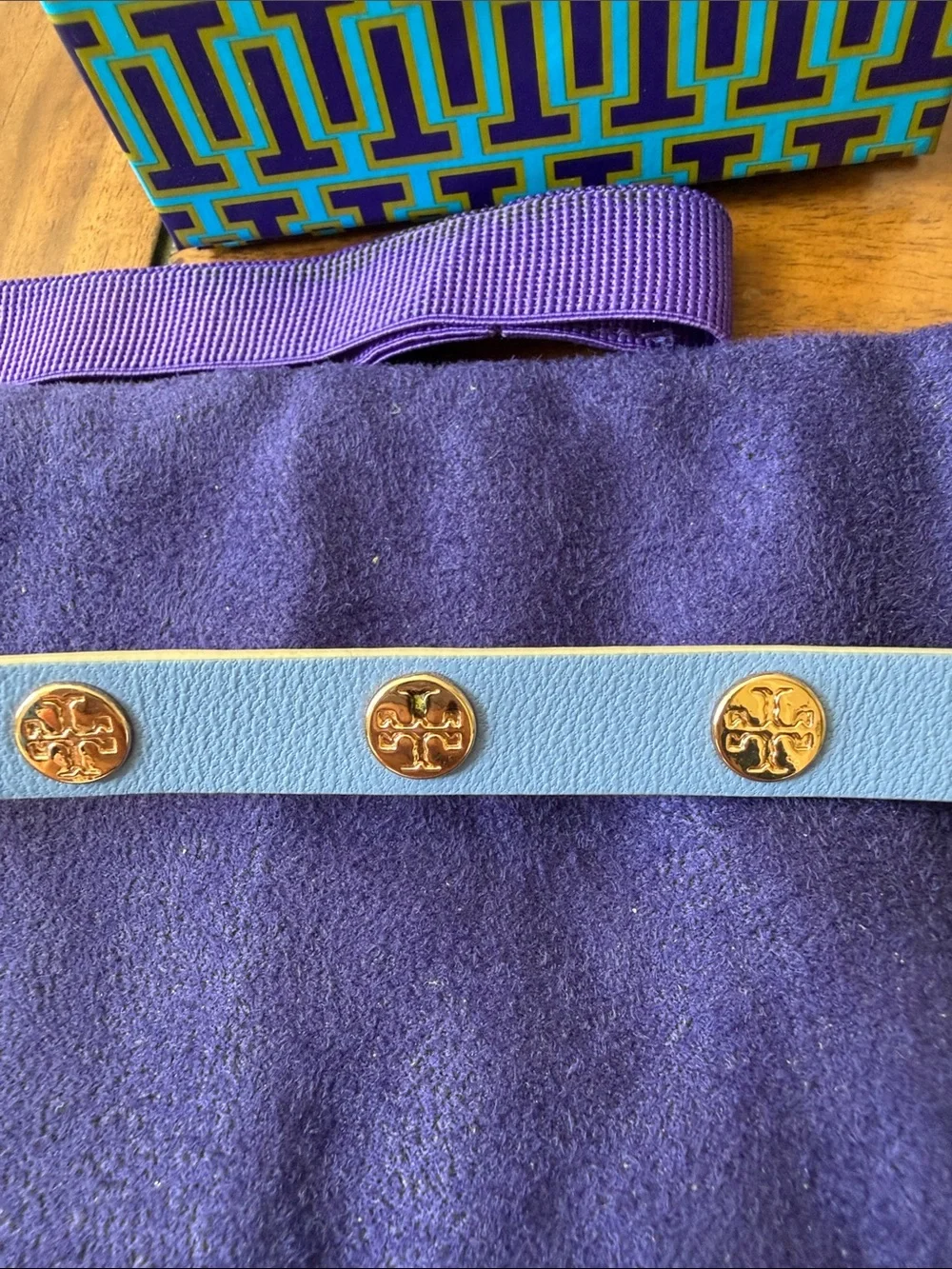 Tory Burch Reversible Double Wrap Leather Logo Stud Bracelet Orange Blue w/ Box